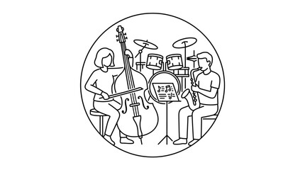 Elegant Black and White Line Drawing of a Small Jazz Band Performing with Cello Trumpet Drums and Sheet Music © tuai