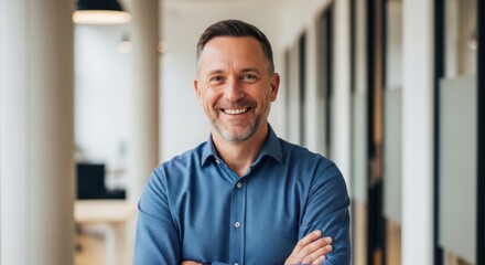 Fototapeta premium Professional portrait of a smiling middleaged businessman with short hair and a beard, wearing a blue buttondown shirt, standing in a modern office