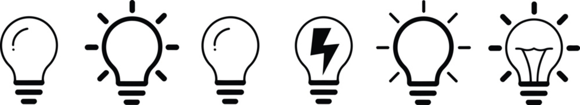 Light bulb icon set featuring idea, inspiration, innovation, creative thinking, and business solution symbols in modern vector style.