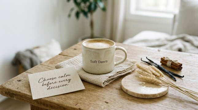 Minimalist ceramic coffee mug with creamy latte sits on a rustic wooden table next to an inspirational quote card and dried wheat stalks, creating a peaceful morning atmosphere for total mindfulness..