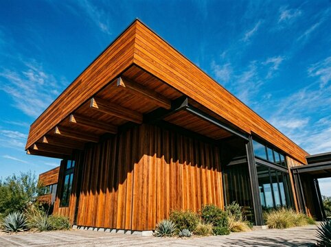 Modern Architecture Building Featuring Wooden Facade and Roof Overhangs