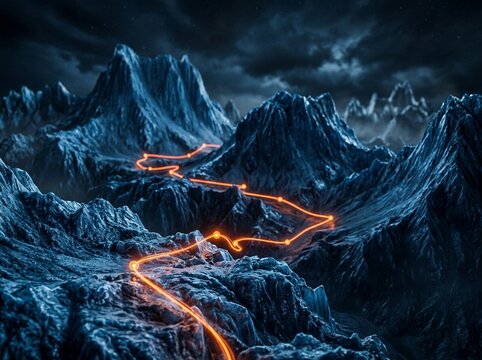 Mountainous Path Illuminating a Futuristic Digital Journey to Success