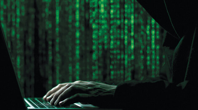 A close-up of a computer screen displaying encrypted code and anonymous networks, representing the dark web. The composition provides plenty of copy space for additional content.