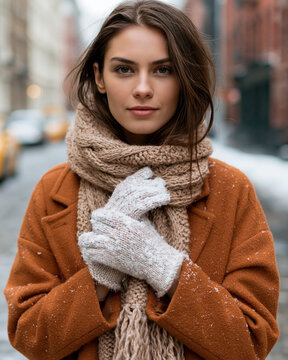 Woman stands on snowy city street, wrapped in warm coat. Knit scarf and gloves shield her from winter chill. Gentle snowflakes fall around her, soft and quiet. She gazes forward with calm