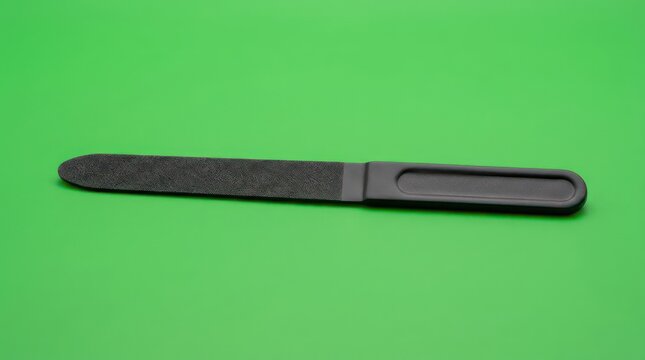 Metal nail file with black handle on green background