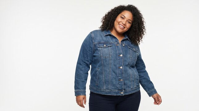 Happy plus size woman in denim jacket posing on white background