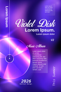 Abstract purple vertical music poster background vector illustration with glowing CD disk, gradient violet fluid light effects, and layout sample text template.