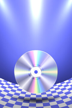 Retro Y2K aesthetic compact disc CD DVD vector illustration background template with blue checkerboard floor, spotlight beam, and iridescent holographic spectrum reflection.