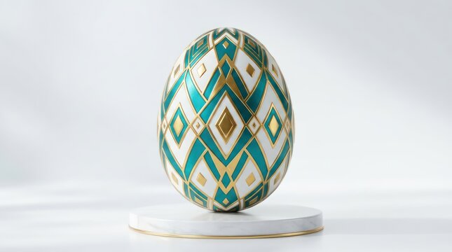 Decorative green and white egg with gold geometric patterns