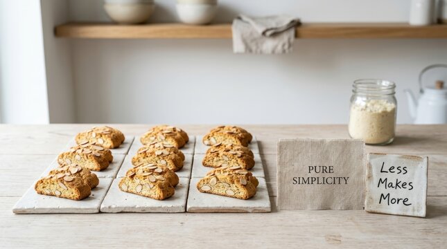 Freshly baked almond biscotti cookies arranged on white stone tiles on a wooden kitchen table alongside inspirational quotes like pure simplicity and less makes more, perfect for healthy snack