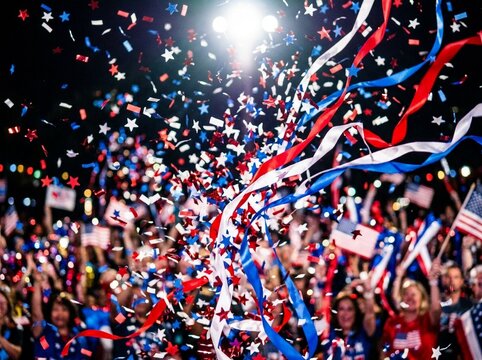 Patriotic Celebration with Confetti Streamers and Cheering Crowd