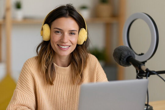 Warm smile lights up a young woman's face. She wears bright yellow headphones and a cozy beige sweater. Ring light and microphone sit beside her laptop. She looks directly at the camera