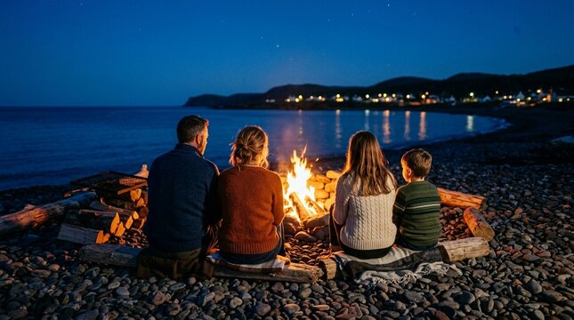 Family Campfire on Tranquil Beach at Night Creating Lasting Memories