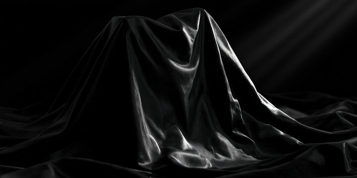 A mysterious object draped in dark fabric, illuminated by dramatic rays of light, hinting at a hidden reveal