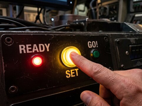 Hand Pressing Illuminated Set Button on Control Panel with Ready Indicator