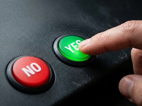 Yes Button Pressed by Finger Making Important Decision