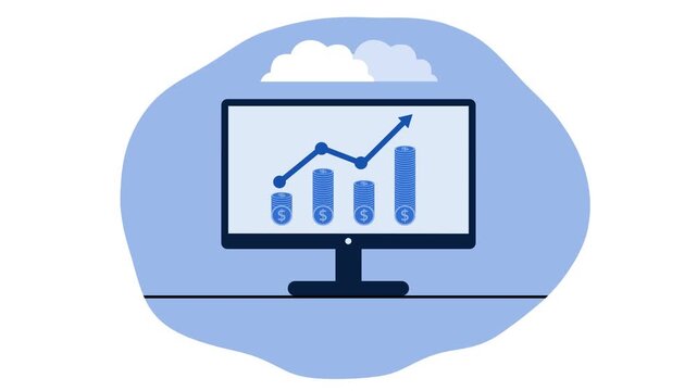 Business graph bar dollar coing pc monitor blue color white background