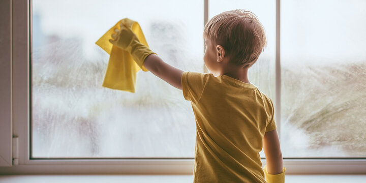 A young boy in a yellow t-shirt and gloves diligently wipes a window with a yellow cloth, showing a sense of responsibility and helpfulness