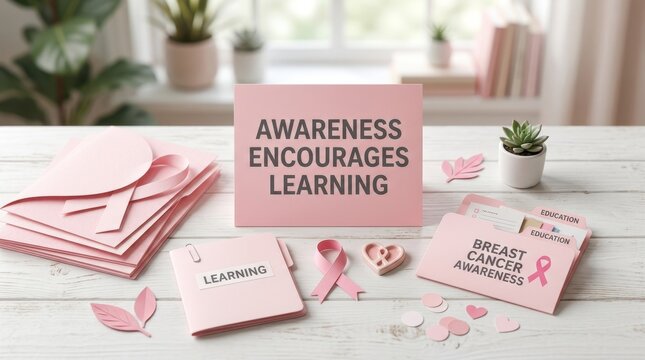 Supportive breast cancer awareness stationery and materials placed on white wooden table with pink ribbon and heart icons representing health education and support for medical wellness clinics tonight