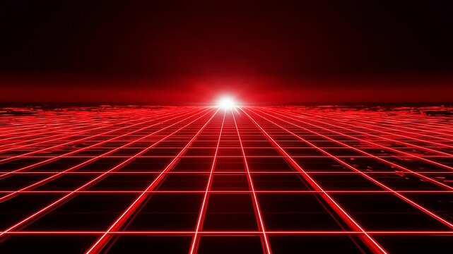 Retro Futuristic Red Neon Grid Landscape with Radiant Horizon Light
