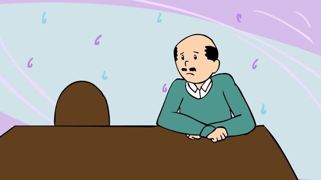 2D animation of a worried bald middle-aged man sitting at a desk holding his head in stress financial problem concept
