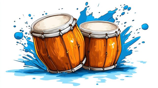 Vibrant Bongo Drums Illustration with Blue Splashes and Cartoon Style