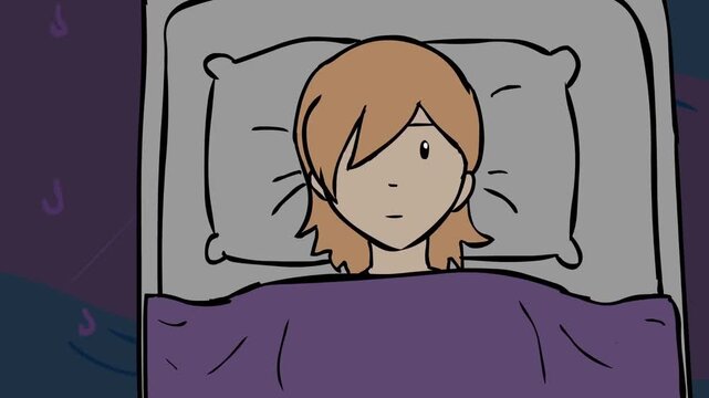 2D animation top view of a young girl sleeping peacefully in bed covered with blanket dark night interior concept