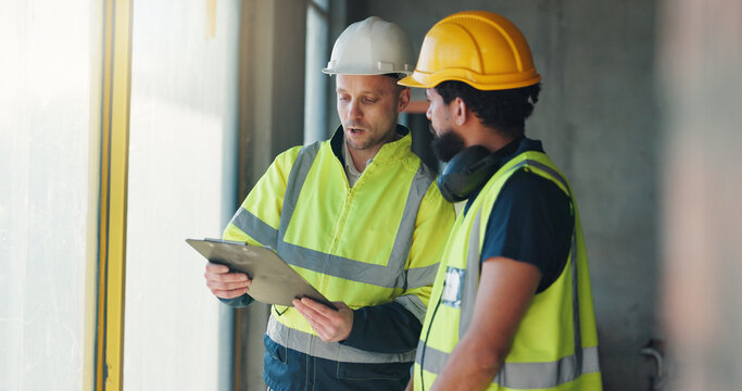 Construction, clipboard or team with site inspection for building progress, compliance or update. Men, architect or foreman with checklist for window safety, aluminium frame or renovation evaluation