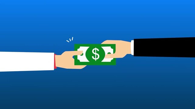 2D animation close up of hands exchanging cash money dollars business payment transaction bribe or salary concept