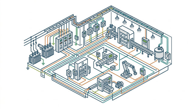 Detailed Isometric Factory Interior Layout Drawing.