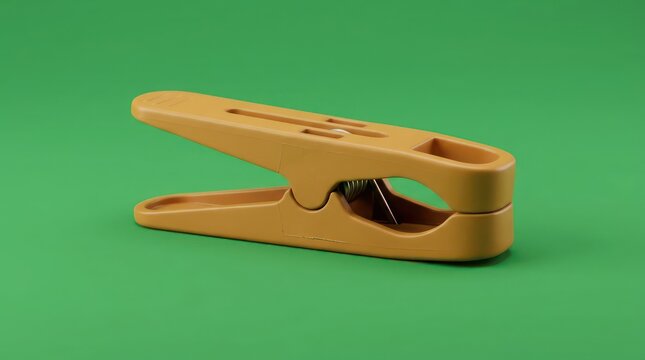Orange plastic clothespin on green background
