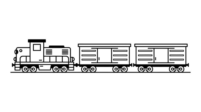 Freight train locomotive with cargo boxcars in minimalist line art vector style for industrial logistics and shipping infographics