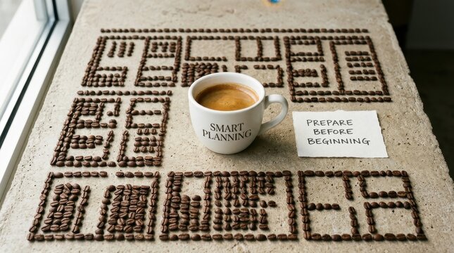 Professional smart planning coffee cup and roasted coffee beans arranged in grid patterns on a stone surface symbolizing business strategy and