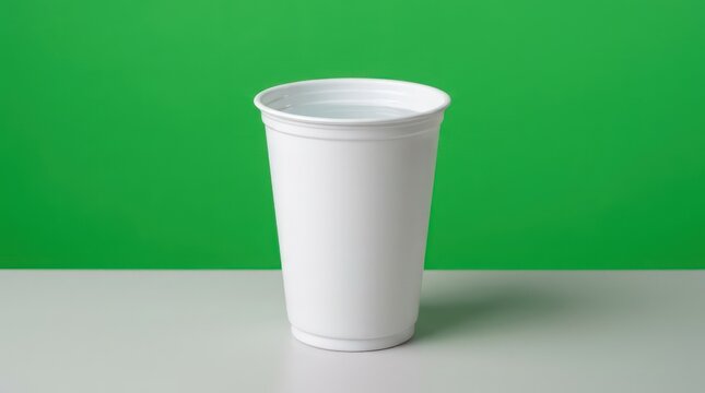 White plastic cup filled with water on a green background