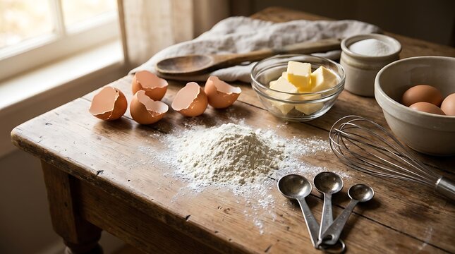 Baking ingredients like flour eggs and butter on a rustic wooden kitchen table. beginner baking guide