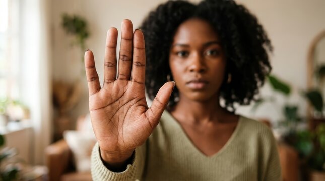 Serious African American woman showing stop gesture with her open palm facing forward to the camera in a bright home interior setting, perfect for social awareness and personal boundaries concepts