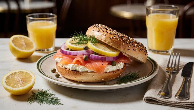 Plate bagel sandwich made sesame seed bun topped sliced salmon red onion green olives there glasses orange jui