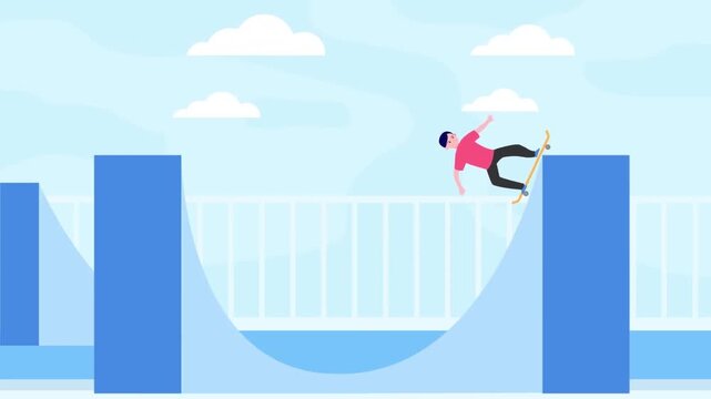 2D animation distance view of a skater boy riding skateboard on a halfpipe ramp in a outdoor urban skatepark concept