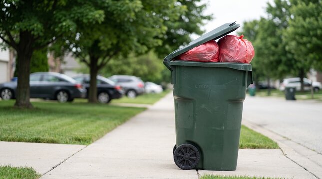 Green garbage bin overflowing with red trash bags on a suburban sidewalk