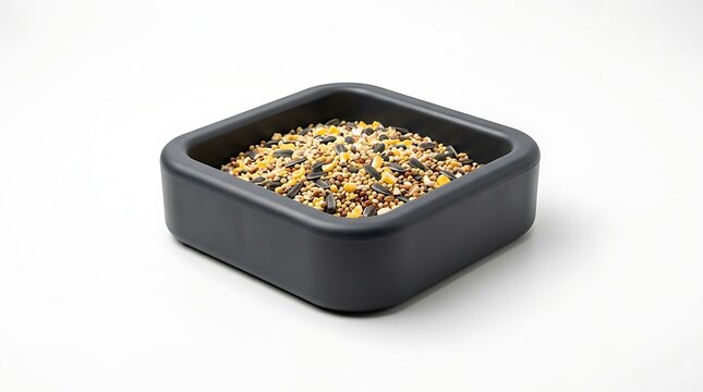 Square black bowl filled with healthy dry pet food for dogs or cats. bird plastic dish