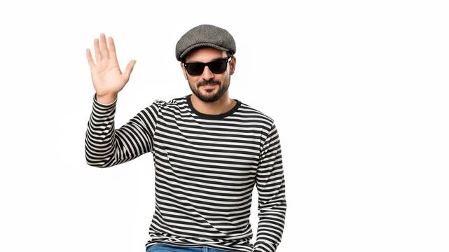 A smiling young man wearing a flat cap and striped shirt waving at camera