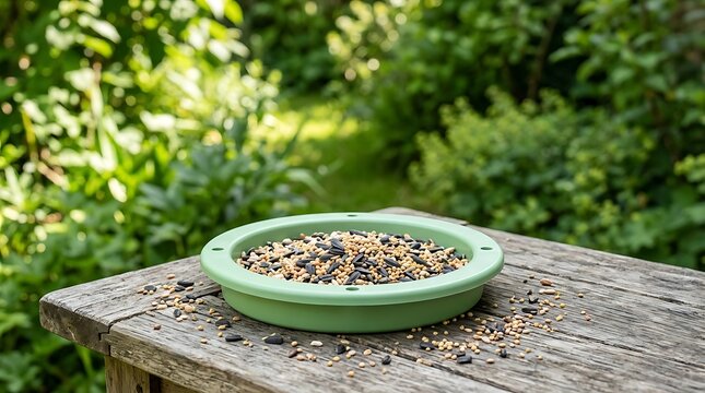 Bird feeder tray filled with mixed seeds on a wooden table in a garden. bird plastic dish