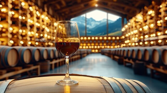 Wine cellar with barrels and a glass of red wine.