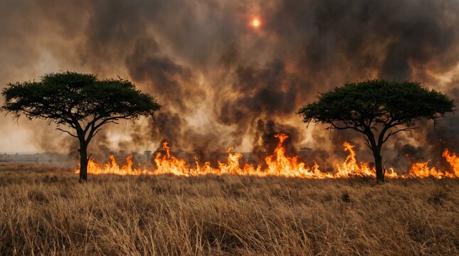 Raging wildfire sweeping across the dry African savanna grassland with acacia trees