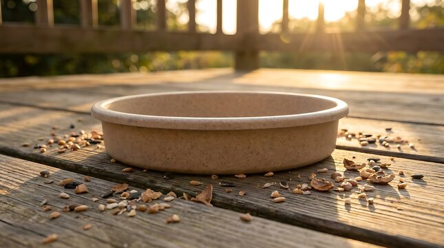 Empty pet food bowl with scattered dry kibble on a wooden deck outdoors. bird plastic dish