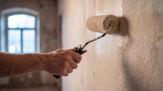 Close up of a worker applying primer to a wall with a paint roller