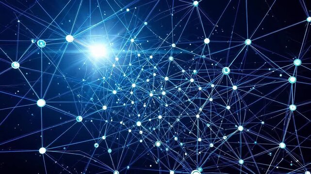 Dynamic Blue Neural Network with Glowing Central Node and Interconnected Lines in Deep Space