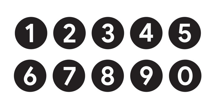 Number icon set vector, black circle numeric symbols 0 to 9, bold rounded digits collection, counting numbers, modern flat numeral icons isolated on white background