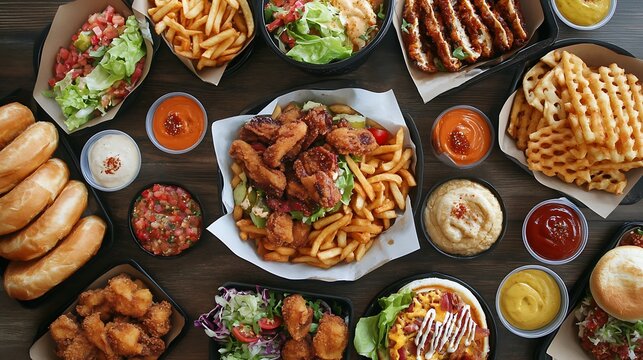 Fast Food Combo Meal with Burger Fries Soft Drink and Promotional Menu Display