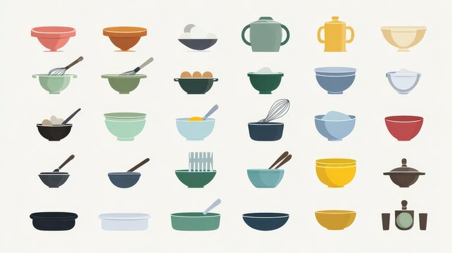 Minimalist flat vector baking icon set showing bowls, measuring cups, whisks, and ingredients in various cooking stages for pastry dishes
